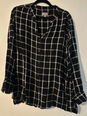 Laura Scott Black and White Windowpane Button-Front Long Sleeve Top